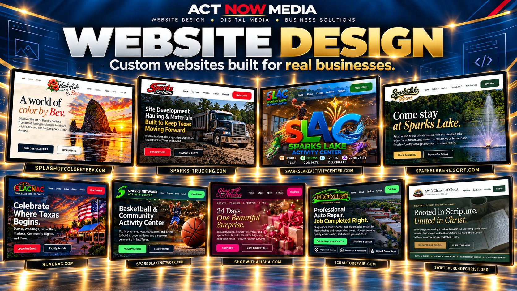 Act Now Media website design services portfolio highlighting business and organization websites